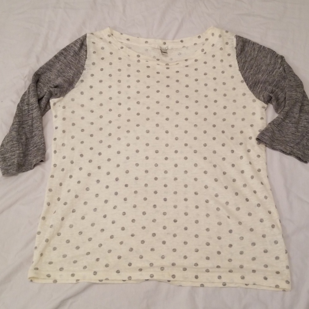 J Crew M linen polka dot baseball T cream/grey